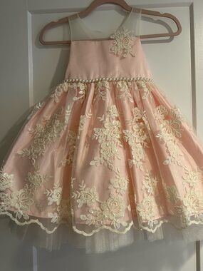 Blush Pink and Cream Lace Pearl-Trim Formal Flower Girl Party Dress